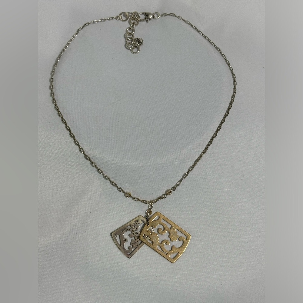 Brighton Two Toned Gold & Silver Plated Floral Dog Tag 18-20” Necklace with Gems - Picture 3 of 4